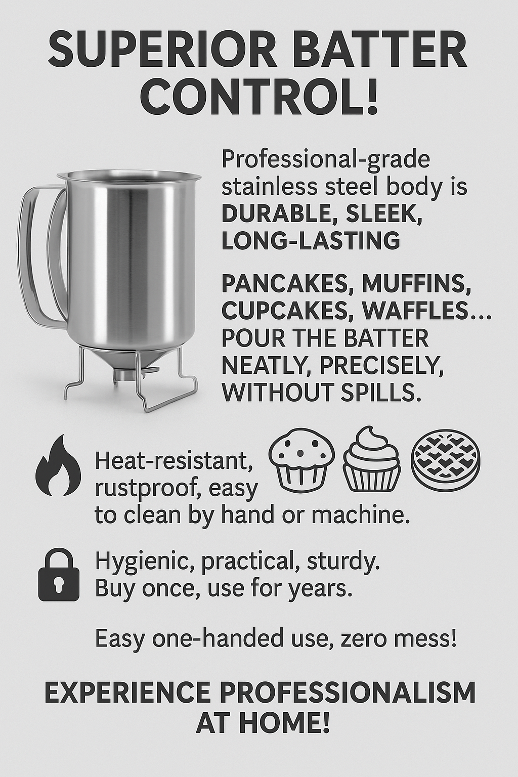 Take Full Control of Your Batter – With Zero Mess.
This professional-grade stainless steel dispenser gives you perfect portioning every time.
From pancakes to muffins, cupcakes to waffles — no spills, no waste, no hassle.
Built to last. Easy to clean.