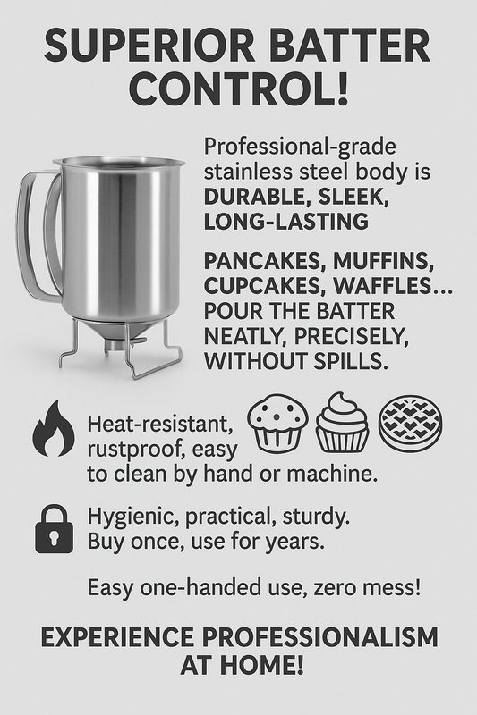 Take Full Control of Your Batter – With Zero Mess.
This professional-grade stainless steel dispenser gives you perfect portioning every time.
From pancakes to muffins, cupcakes to waffles — no spills, no waste, no hassle.
Built to last. Easy to clean.